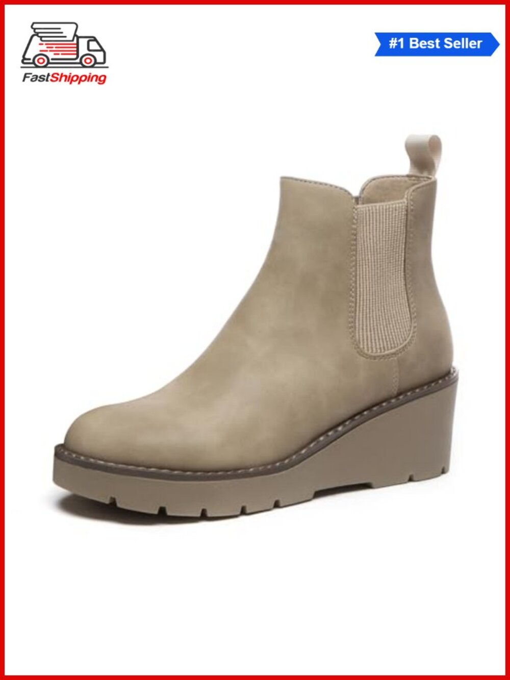 ✨Athlefit Women's Platform Wedge Chelsea Ankle Boots Leather Slip-On Lug Sole